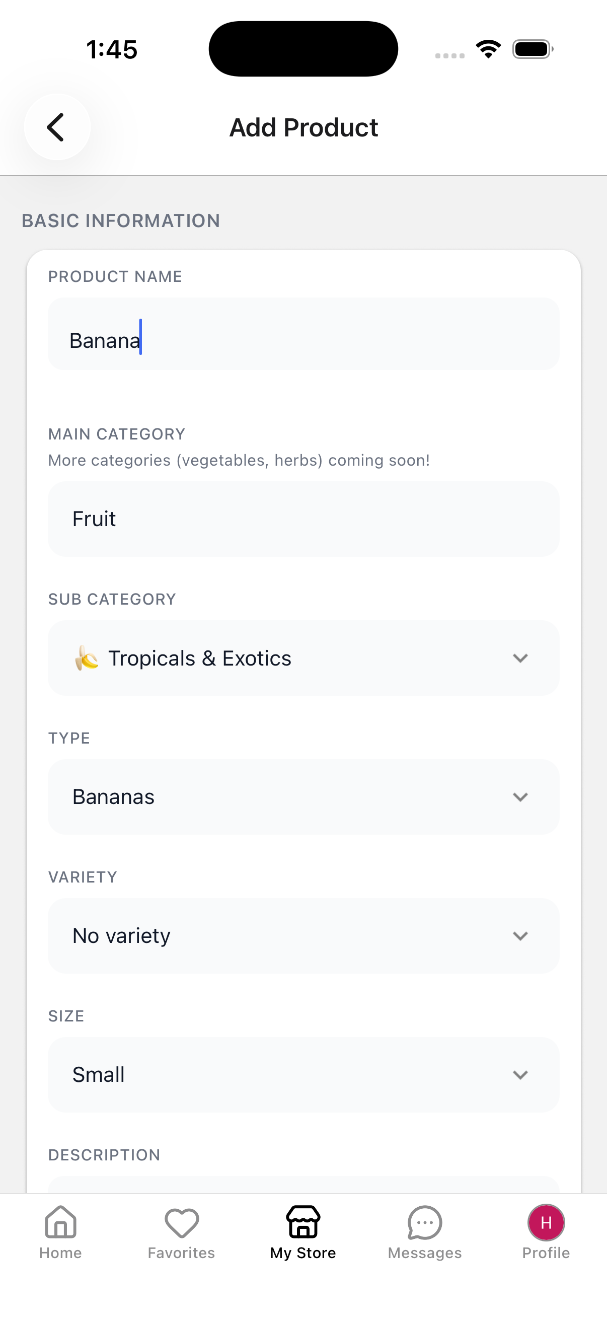 PickFresh app showing add product screen for sellers