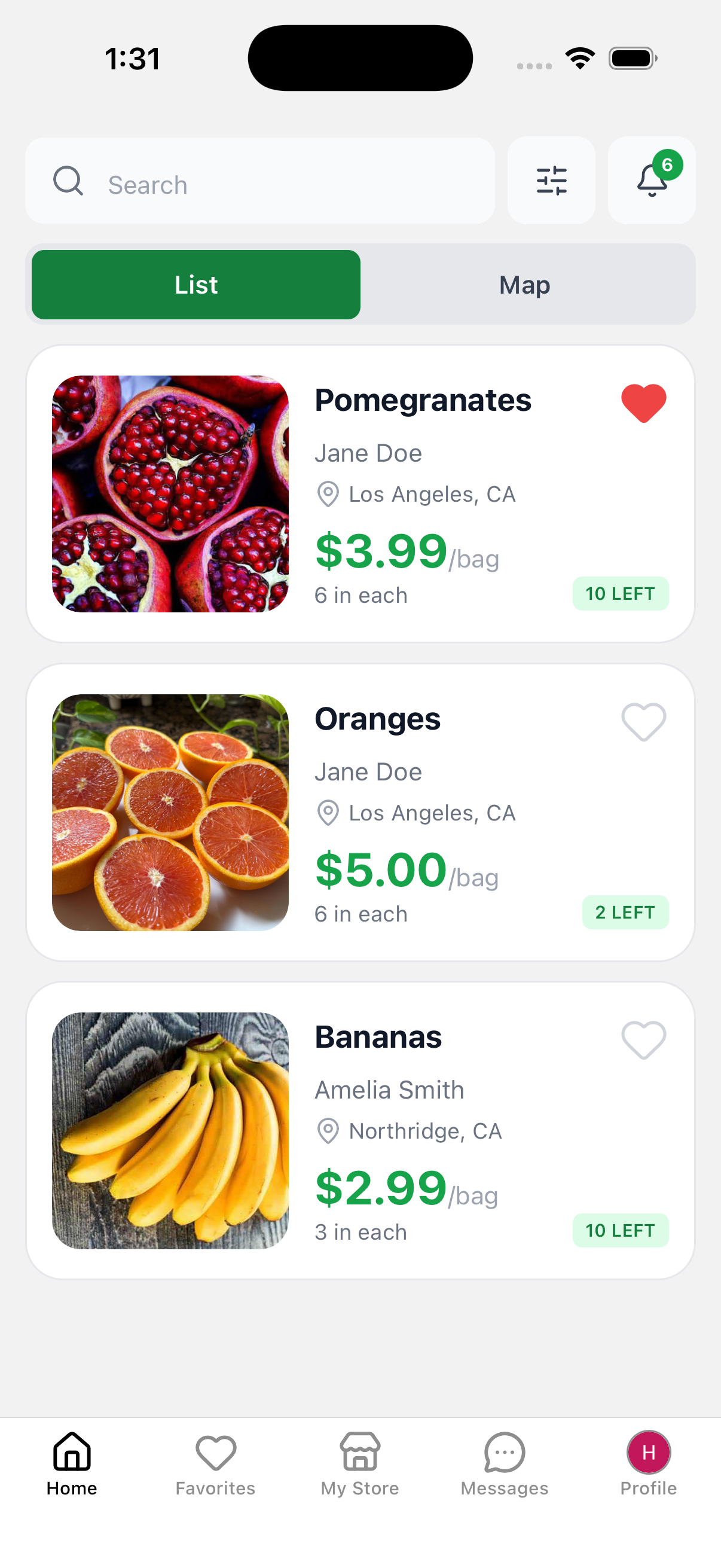 PickFresh app showing list view with local produce