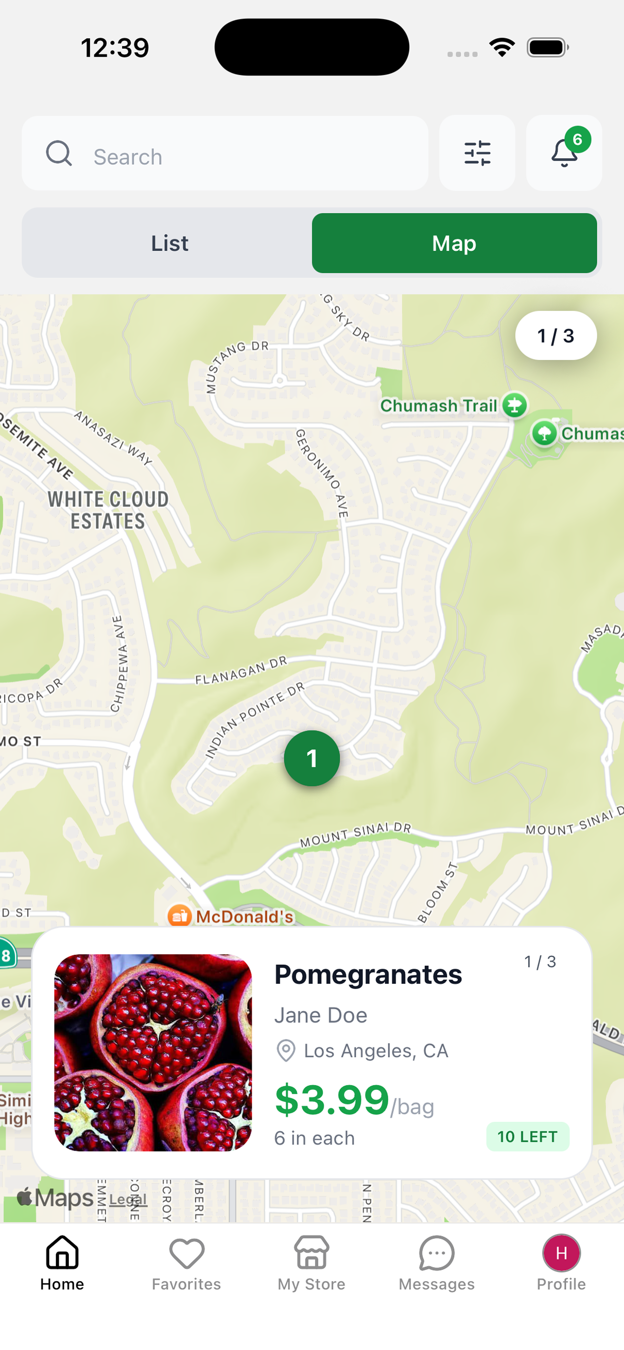 PickFresh app showing map view with local produce listings