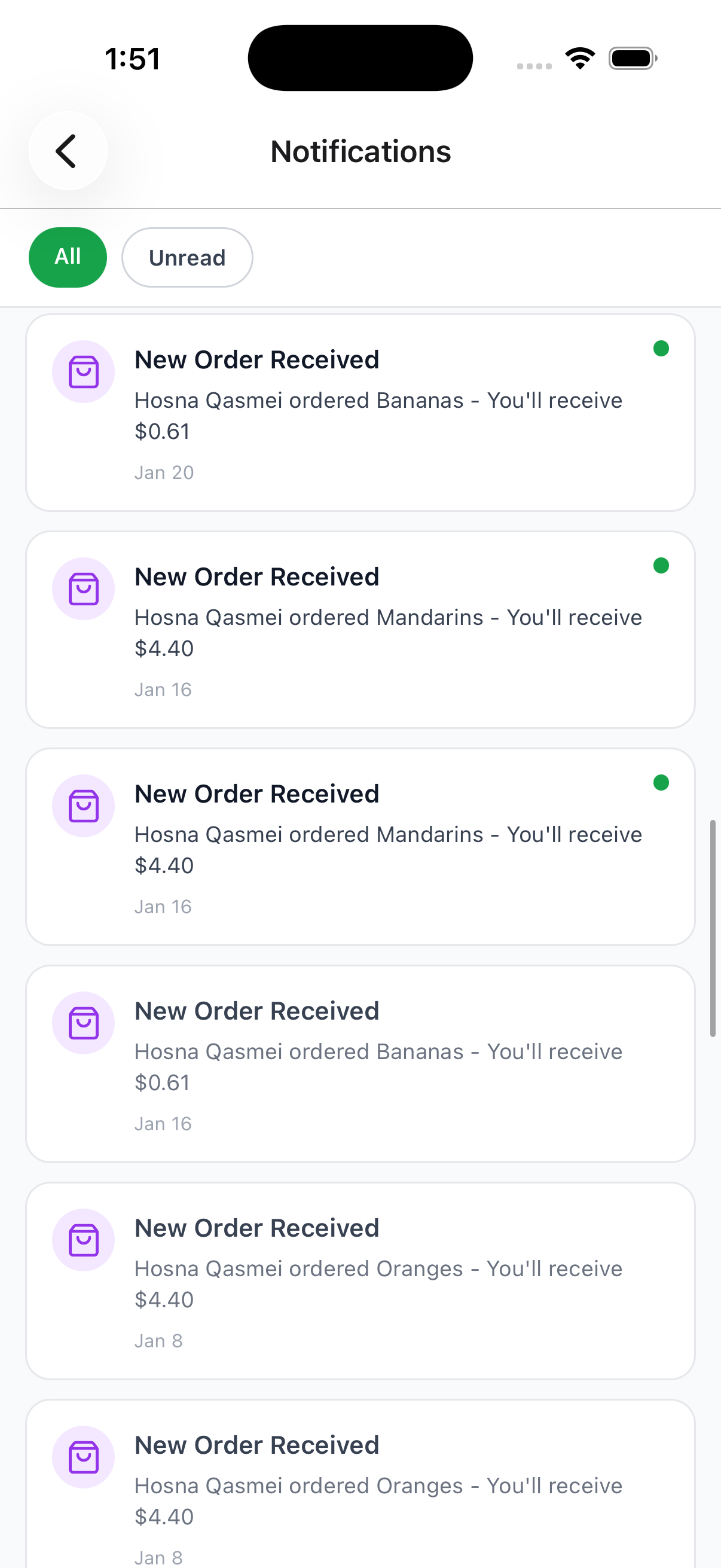 PickFresh app showing order notifications for sellers