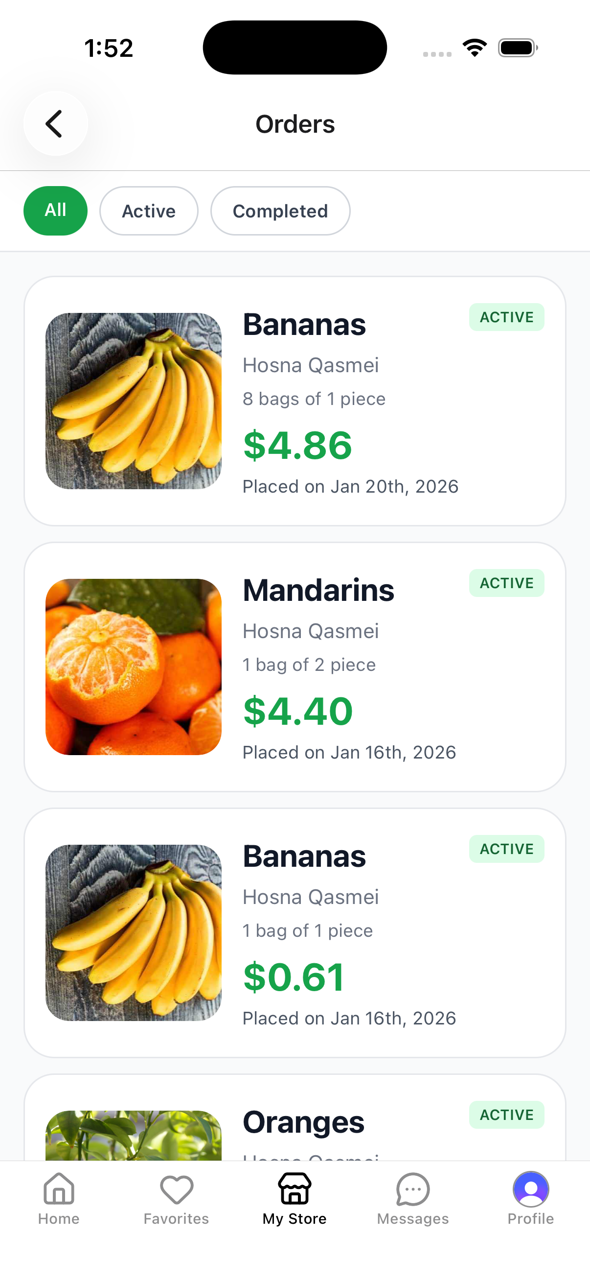 PickFresh app showing active orders for sellers